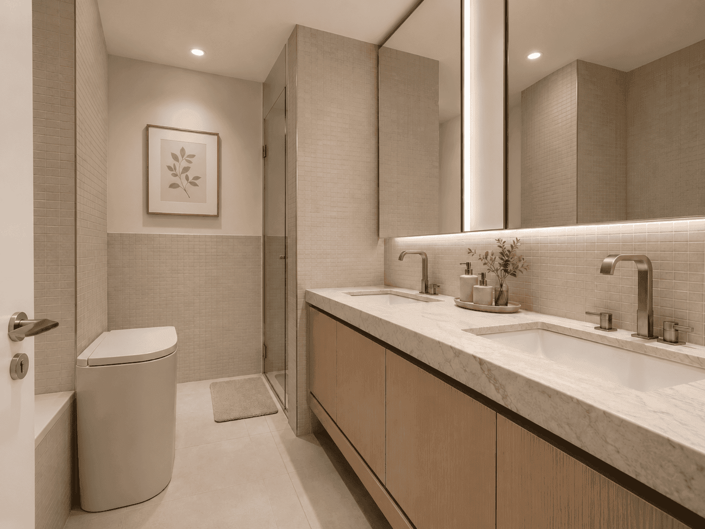 Master bathroom renovation with double vanity, marble counter and mosaic tiles in Park Heights, Dubai Hills