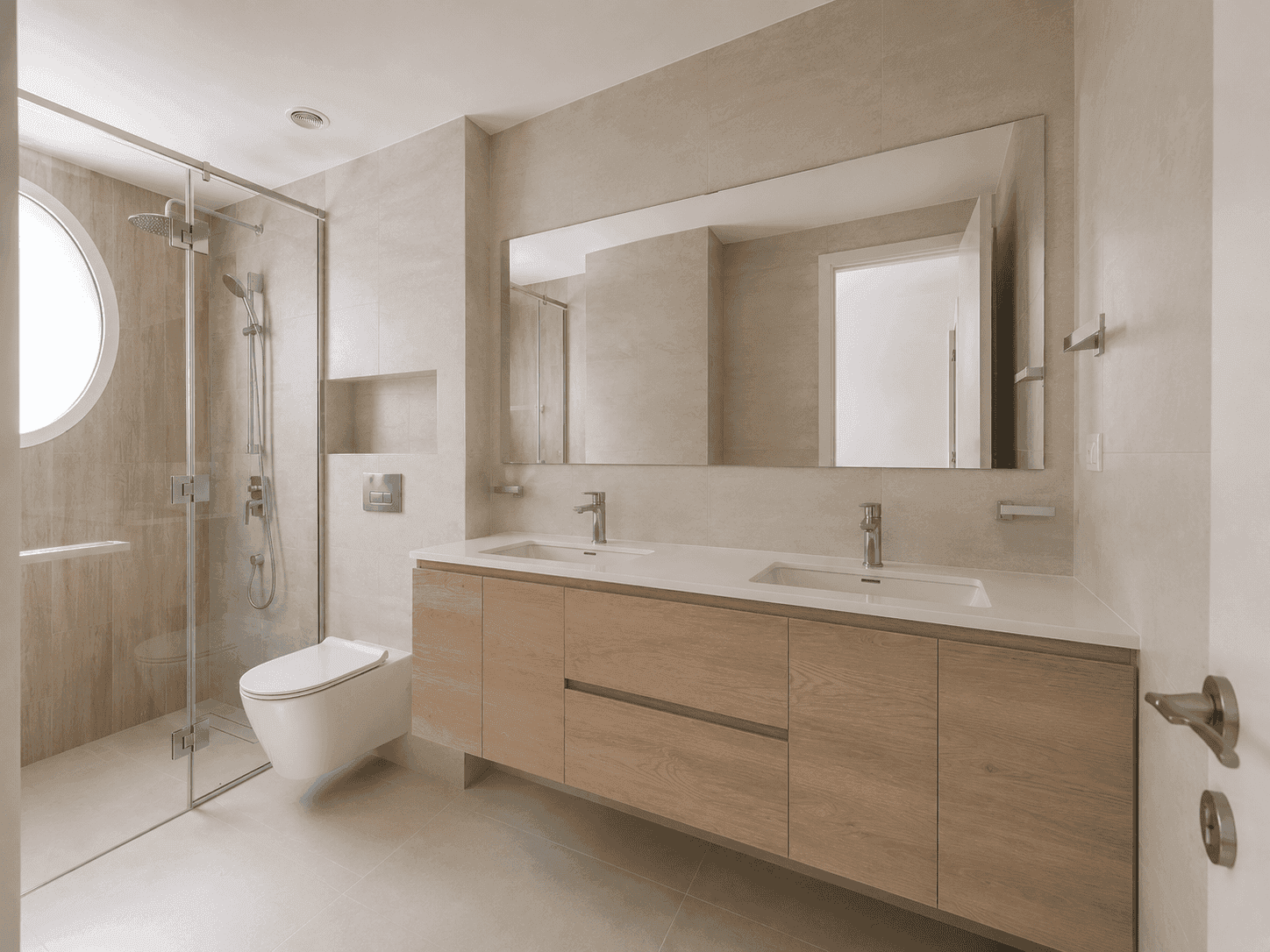Master bathroom renovation with double oak vanity, wide mirror and walk-in shower in The Lakes villa, Dubai