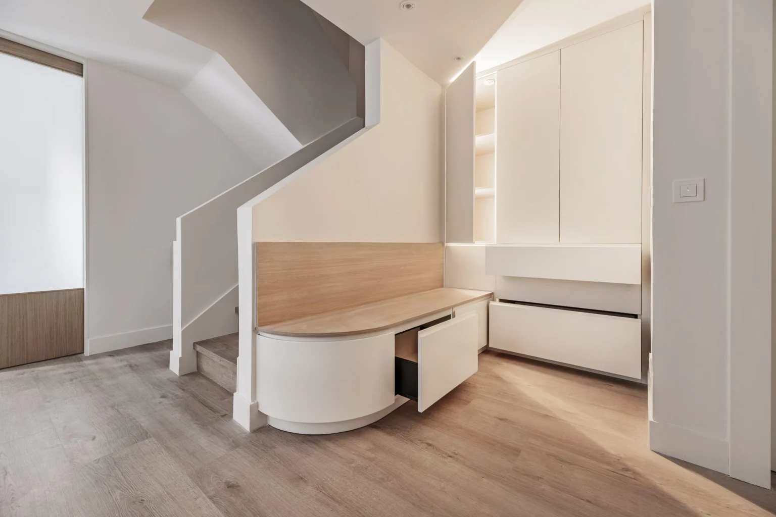 Built in under stair study unit with a desk and drawers made to measure by a joinery company in Dubai
