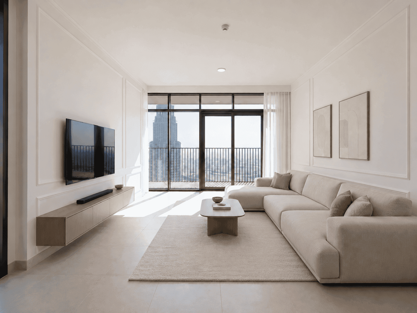 Renovated living room with classic wall moulding, beige sofa and balcony view of Dubai Creek Harbour towers