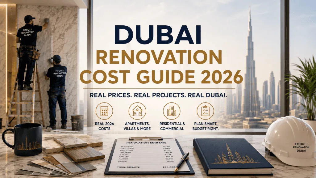 لافتة دليل تكلفة التجديد في دبي 2026 من فيت اوت | تجديد دبي تعرض أفق دبي وحاسبة ميزانية ومساحة داخلية مجدَّدة