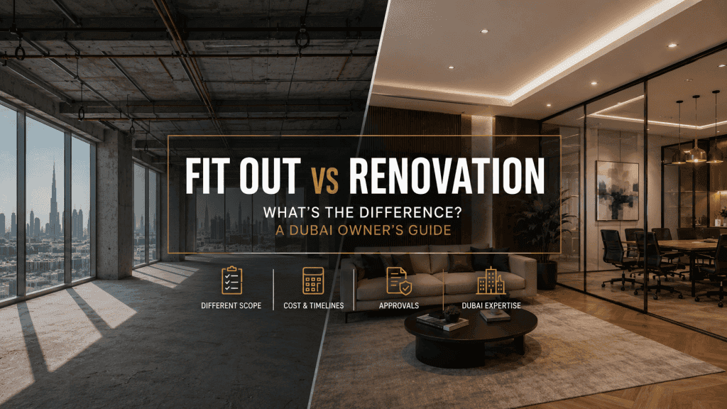 Fit-out vs renovation comparison banner showing a bare shell-and-core commercial space beside a fully fitted luxury office interior in Dubai with Burj Khalifa skyline view