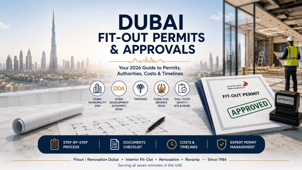 Dubai fit-out permits and approvals 2026 guide banner showing Burj Khalifa skyline, approved fit-out permit document, and authority logos for Dubai Municipality, DDA, Trakhees, Dubai Civil Defence and DHA. Dubai Authority Approval.