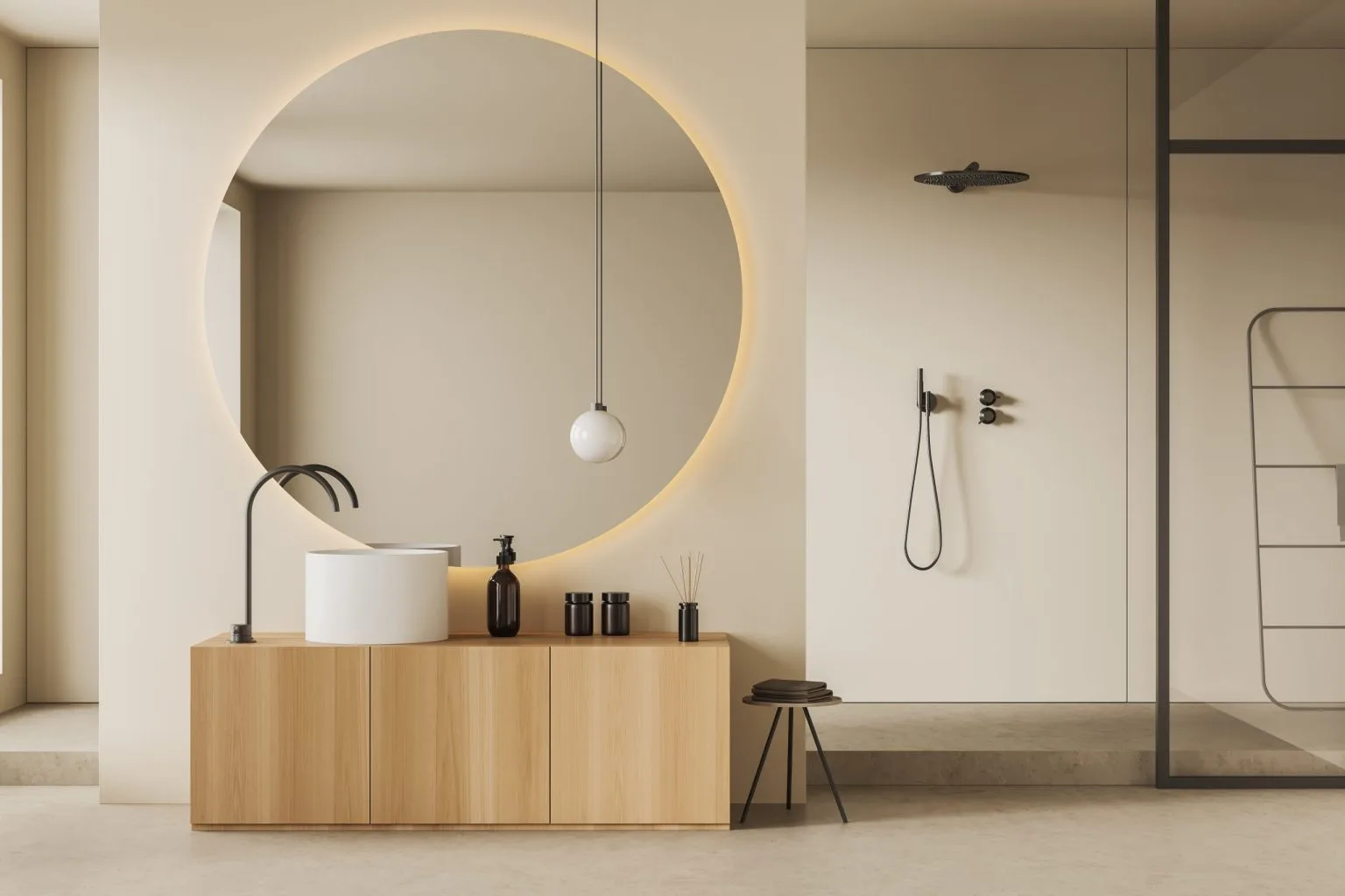Minimalist bathroom render with a large round mirror, timber vanity and a glass walk-in shower