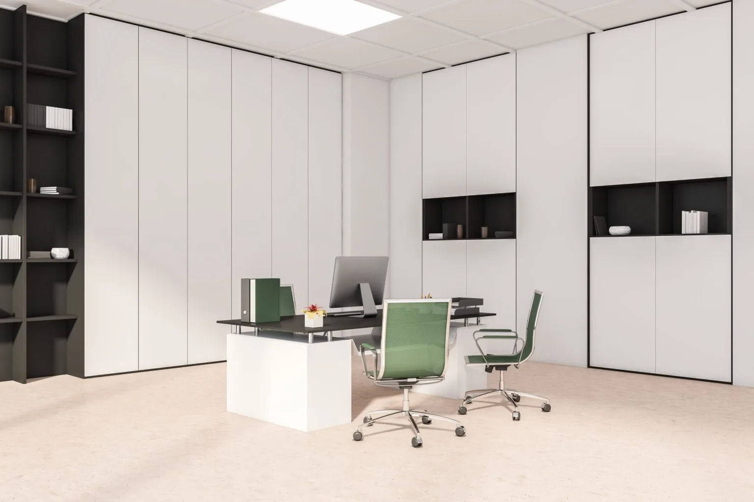 Office interior render showing desks, glazed partitions and a full-height storage wall