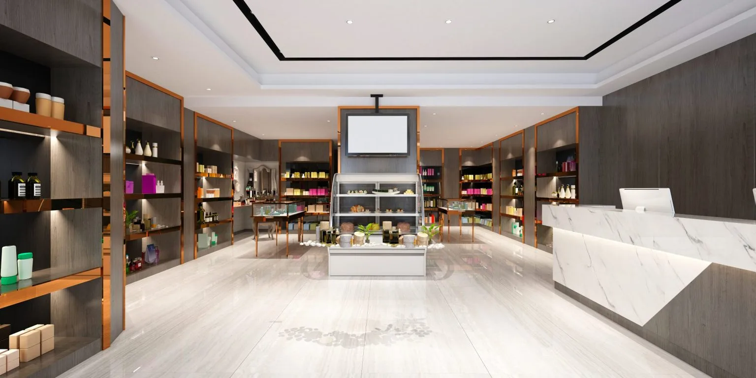 Retail interior render with timber display shelving, a central island and a recessed cove ceiling