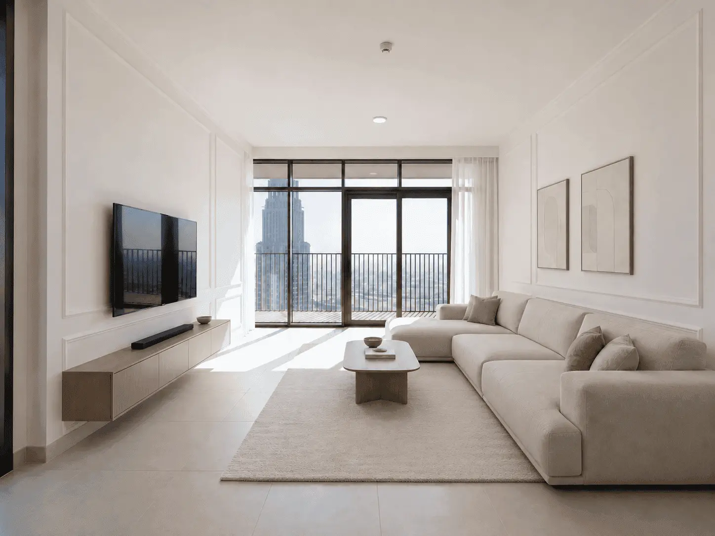 Renovated living room with classic wall moulding, beige sofa and balcony view of Dubai Creek Harbour towers