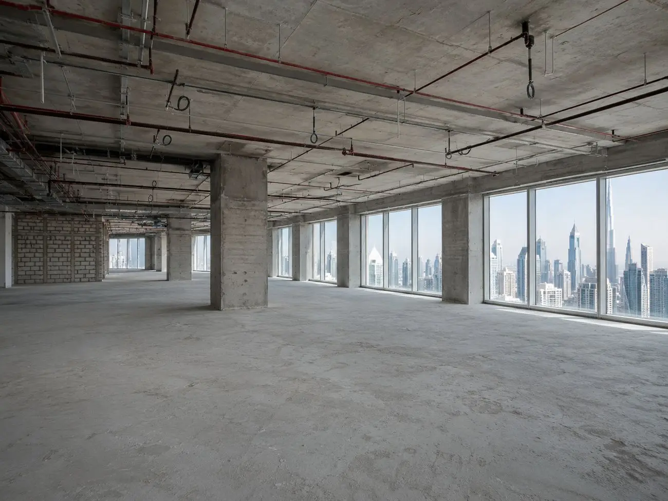 Bare shell-and-core commercial floor in a Dubai tower with exposed concrete, ceiling services and skyline views before fit-out