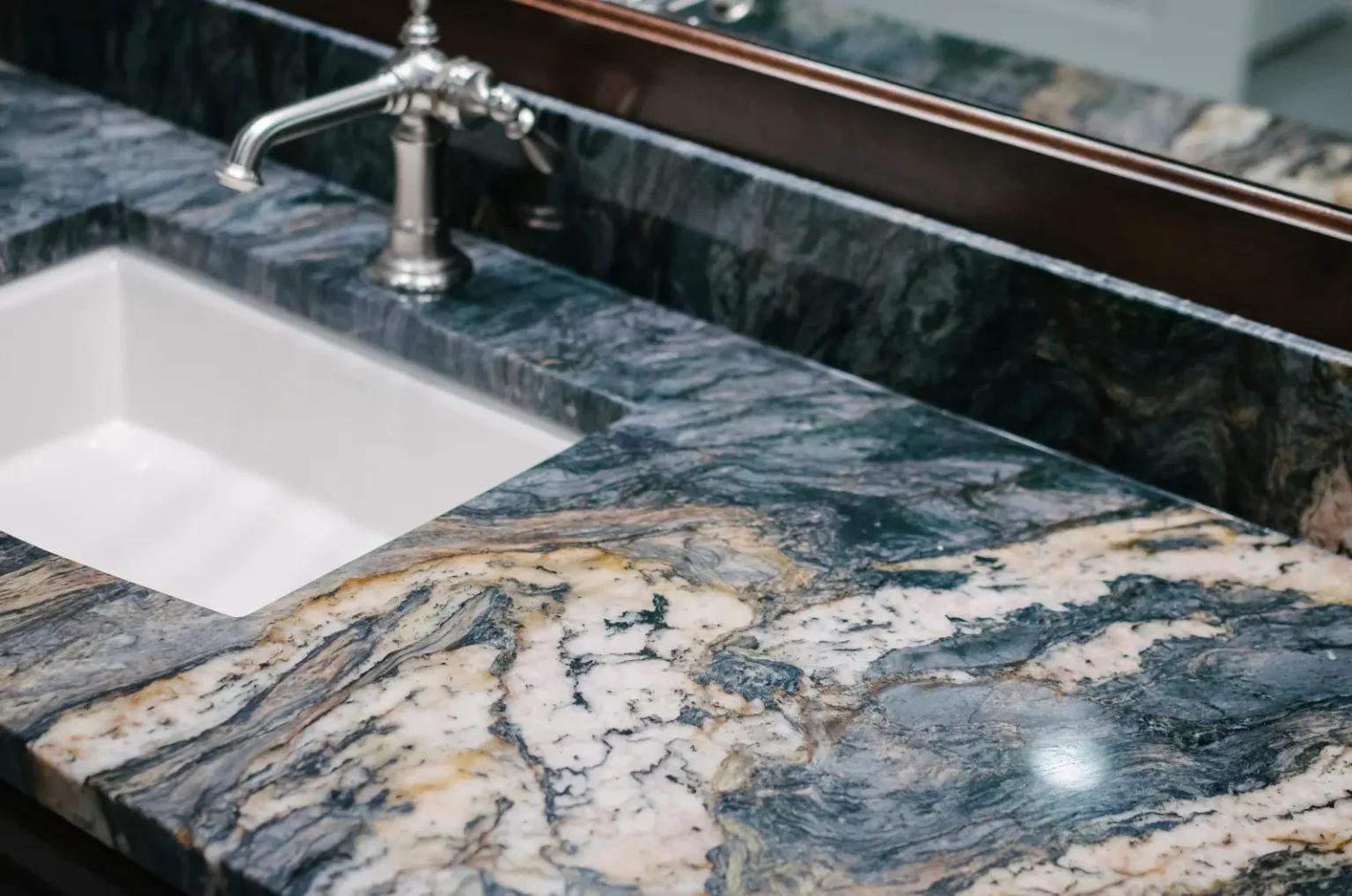 Close up of a natural stone vanity top templated for a custom vanity unit in a Dubai bathroom