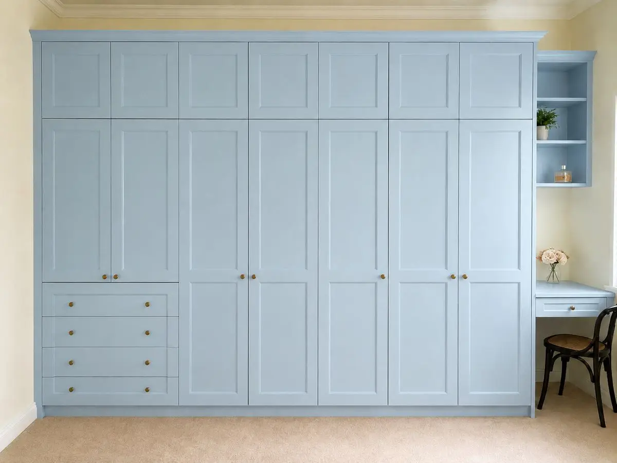 Bespoke powder-blue fitted wardrobe after renovation by Fitout Renovation Dubai