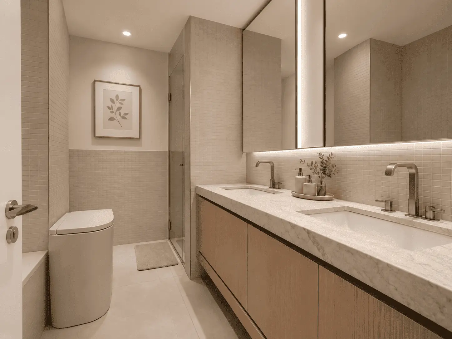 Master bathroom renovation with double vanity, marble counter and mosaic tiles in Park Heights, Dubai Hills
