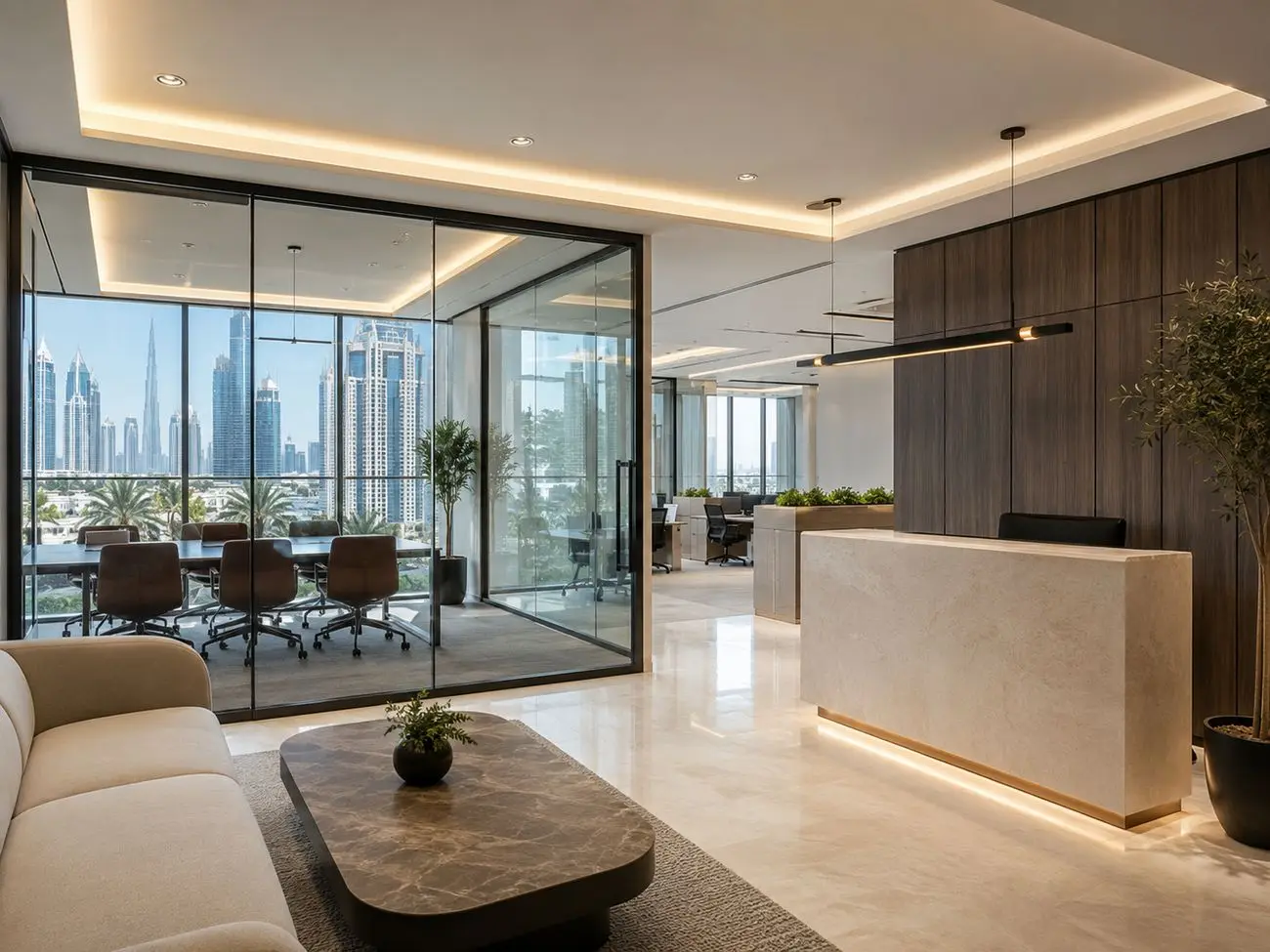 Completed Cat B office fit-out in Dubai with marble reception desk, glass meeting room and skyline views