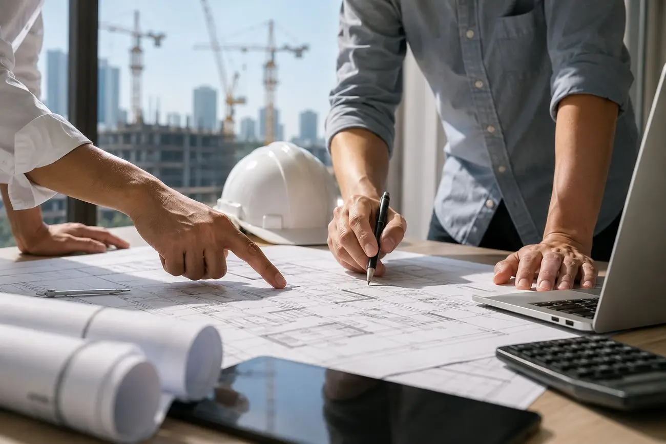 Consultant and contractor reviewing fit-out drawings together at a site office with construction cranes outside