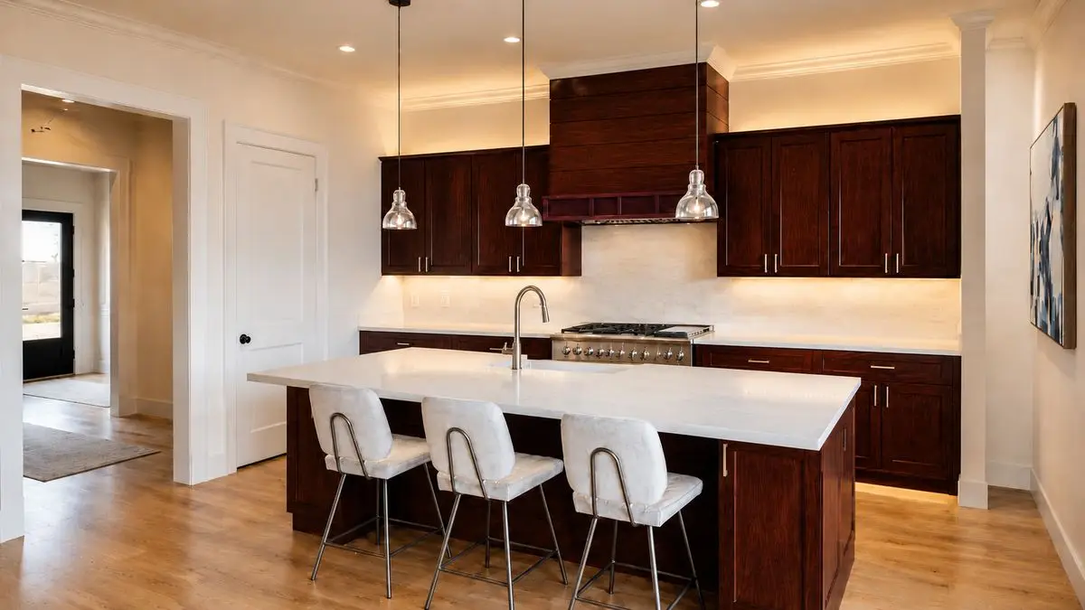 Dated dark cherry wood kitchen before renovation