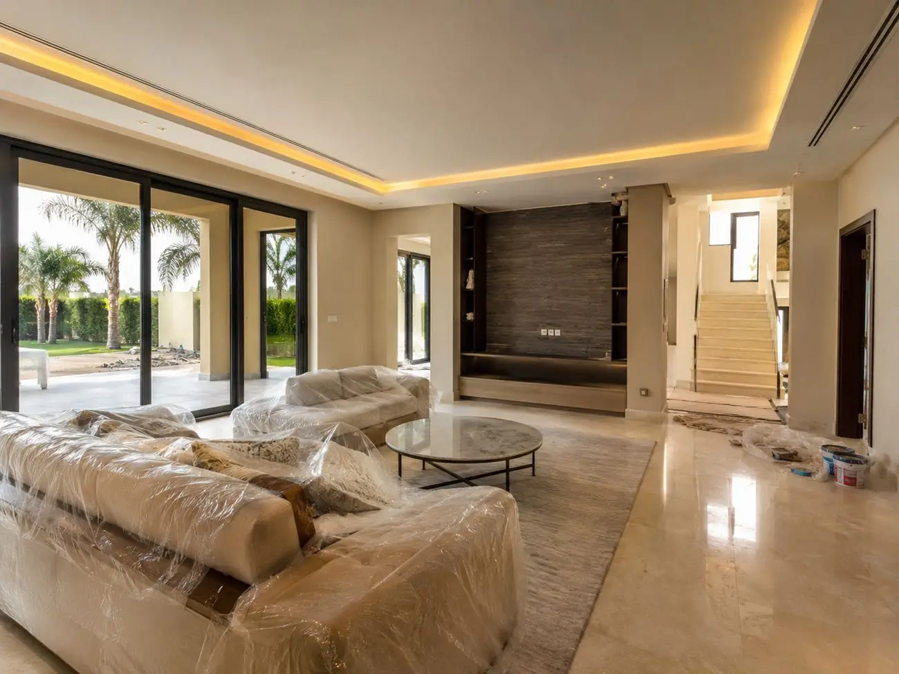 Dubai villa living room at renovation handover stage with marble floors, cove lighting and furniture protected in plastic wrap