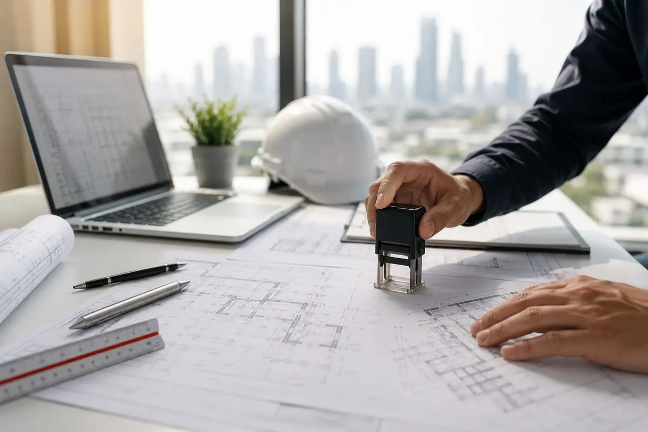 Engineer stamping approved architectural floor plans at a desk with a safety helmet, laptop and Dubai skyline behind