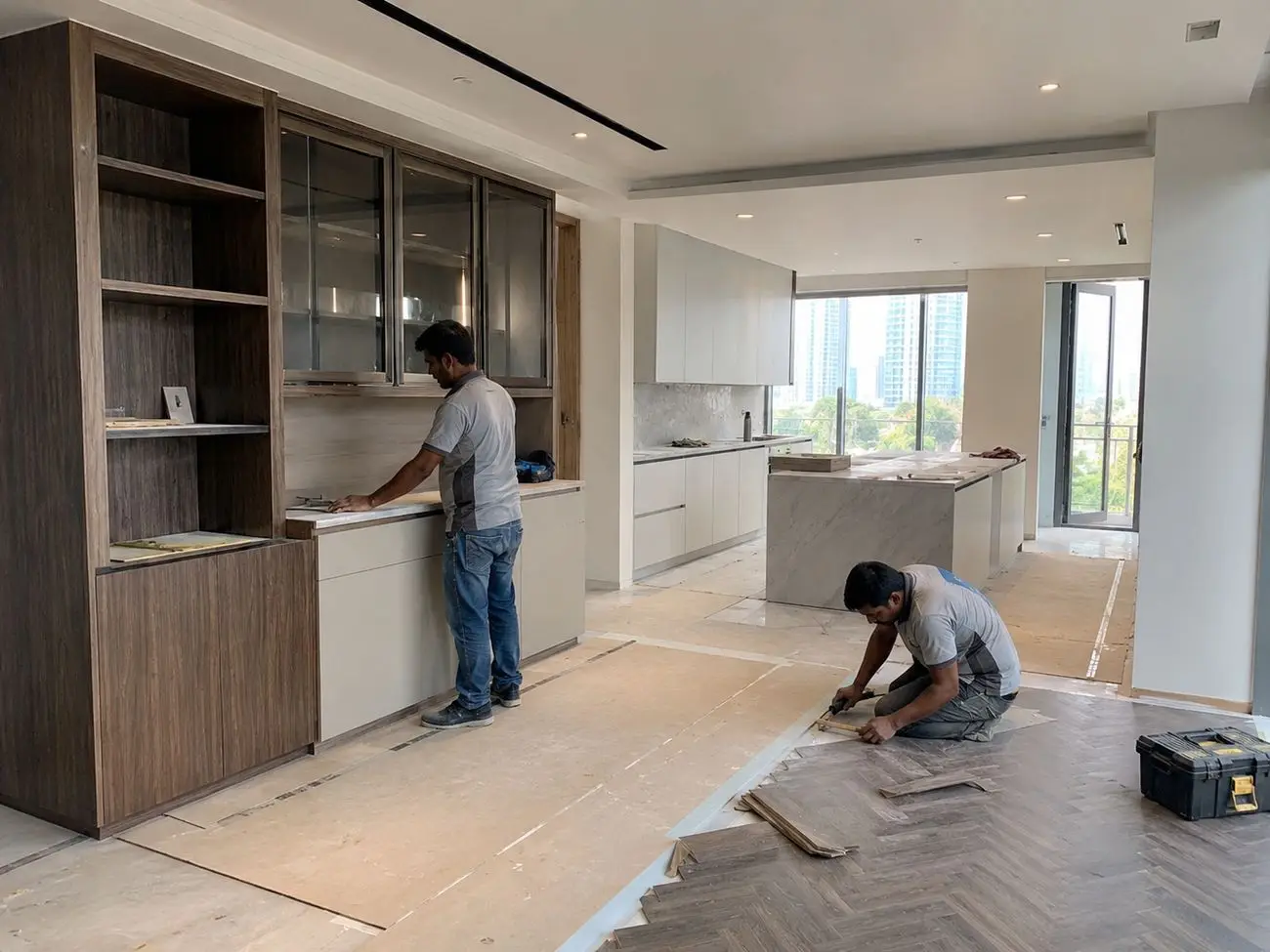 Fit-out carpenters installing bespoke joinery and herringbone wood flooring during a Dubai apartment renovation