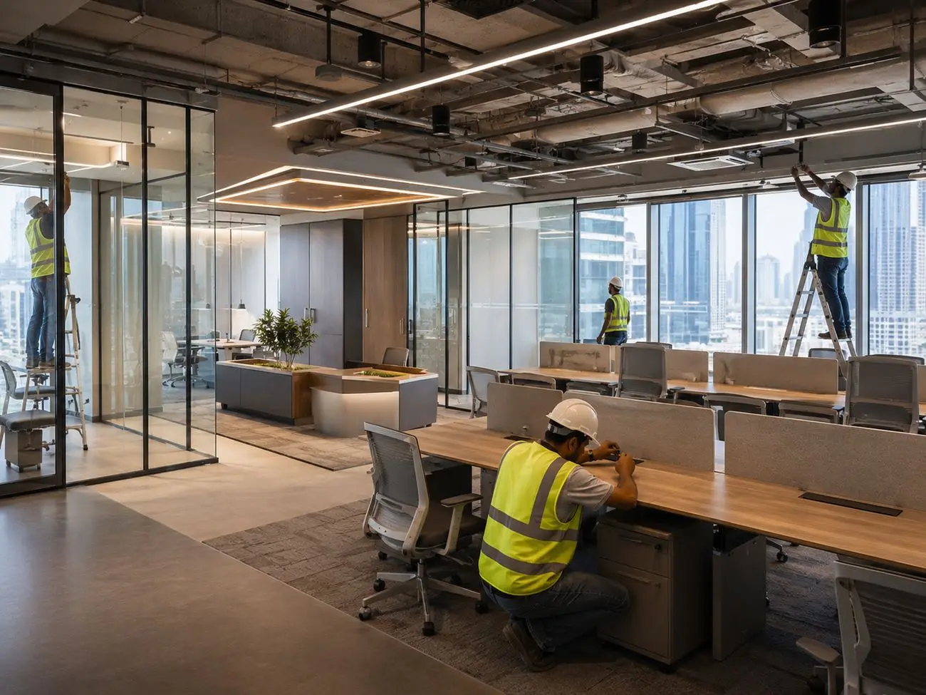 Fit-out team in safety vests installing ceiling services and glass partitions during a CAT B office fit-out in Dubai