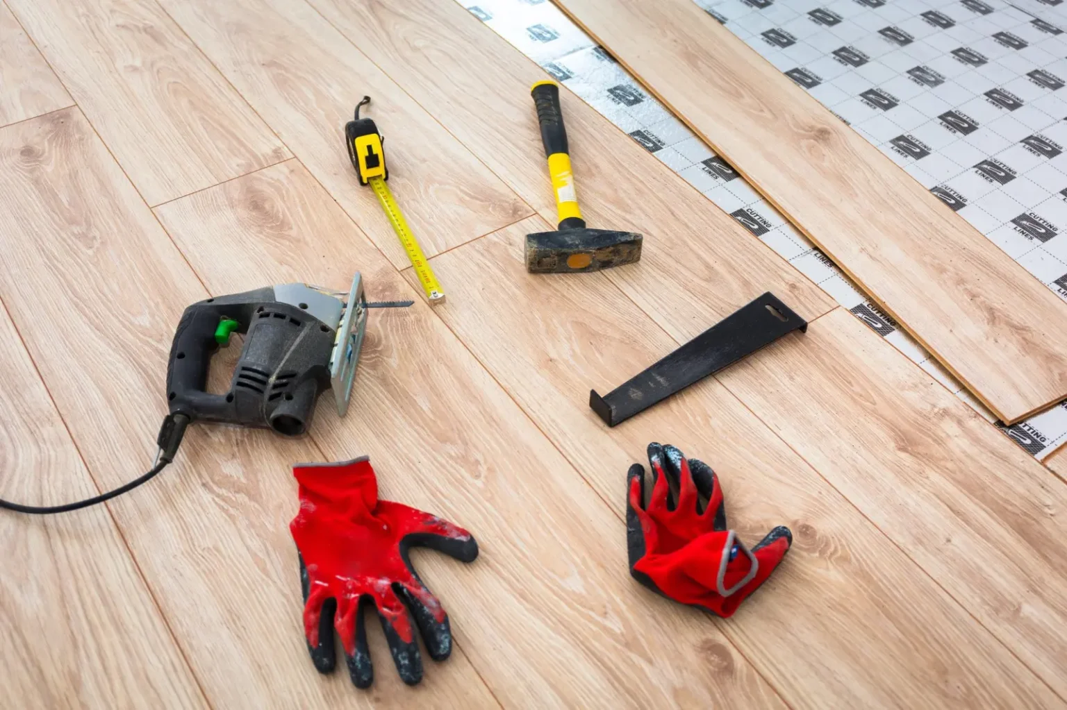 Flooring installation tools and substrate preparation for a Dubai flooring project