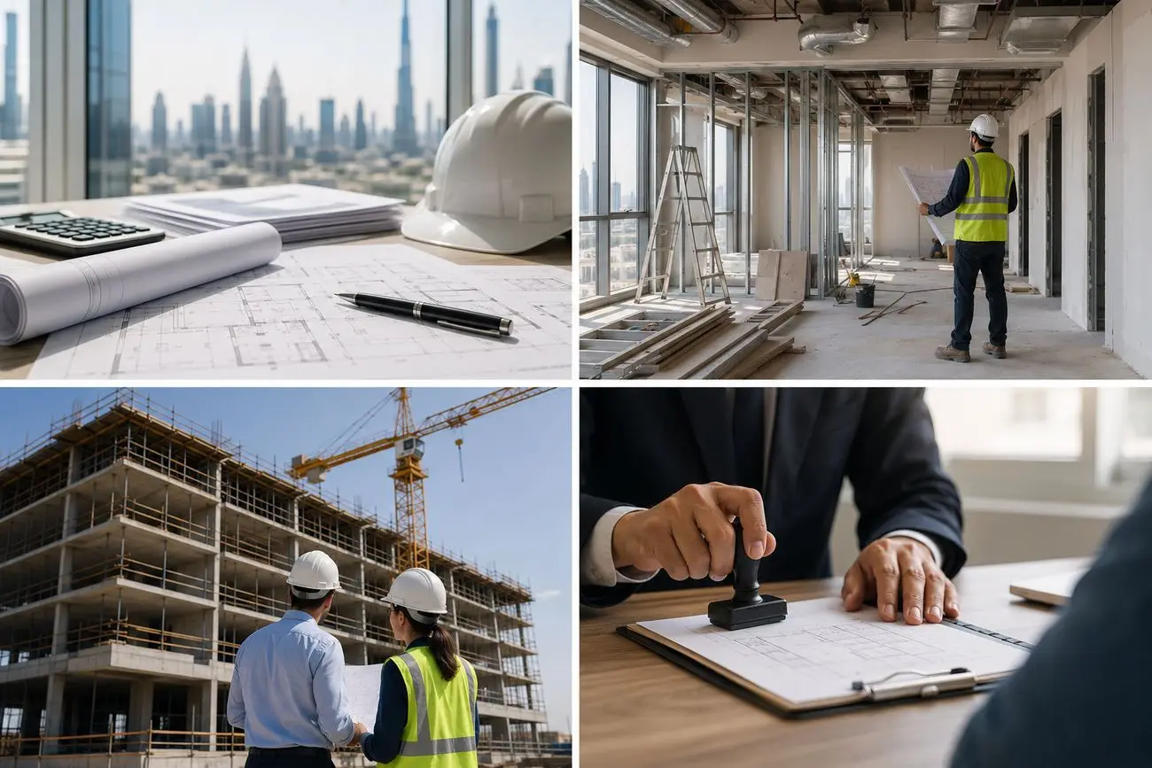 Four stages of Dubai fit-out approvals — permit drawings, site inspection, construction review and document stamping