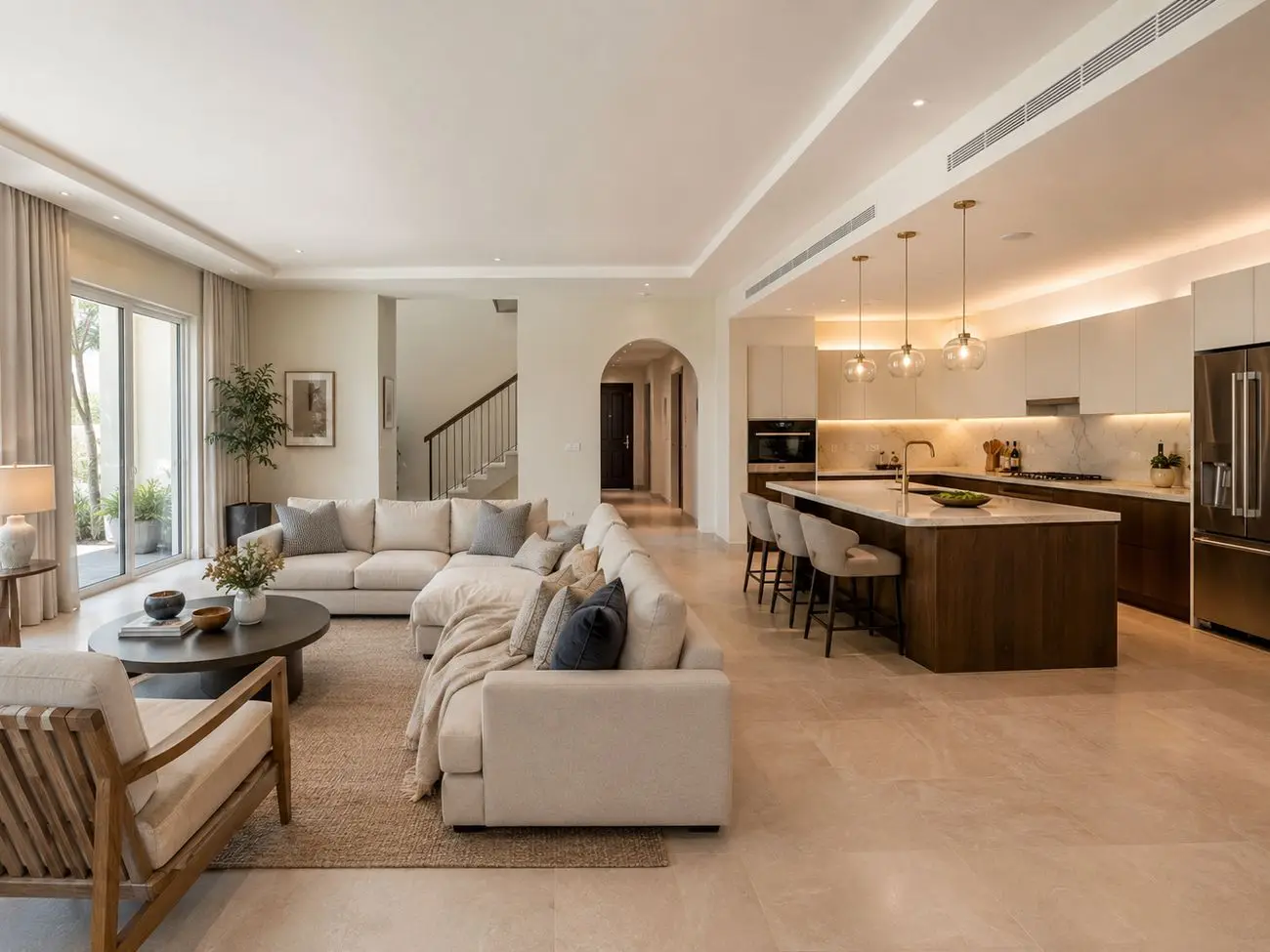 Fully renovated open-plan Dubai villa living room and kitchen with island, pendant lighting and warm neutral finishes
