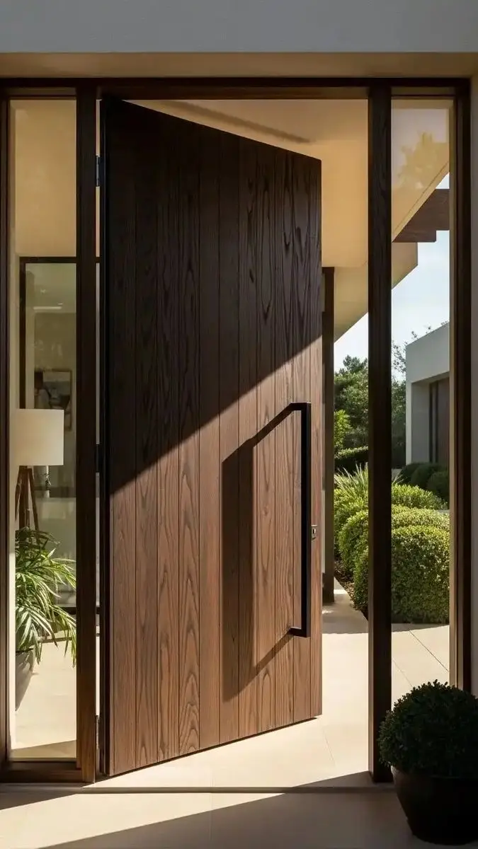 Modern dark wood pivot entrance door after renovation by Fitout Renovation Dubai