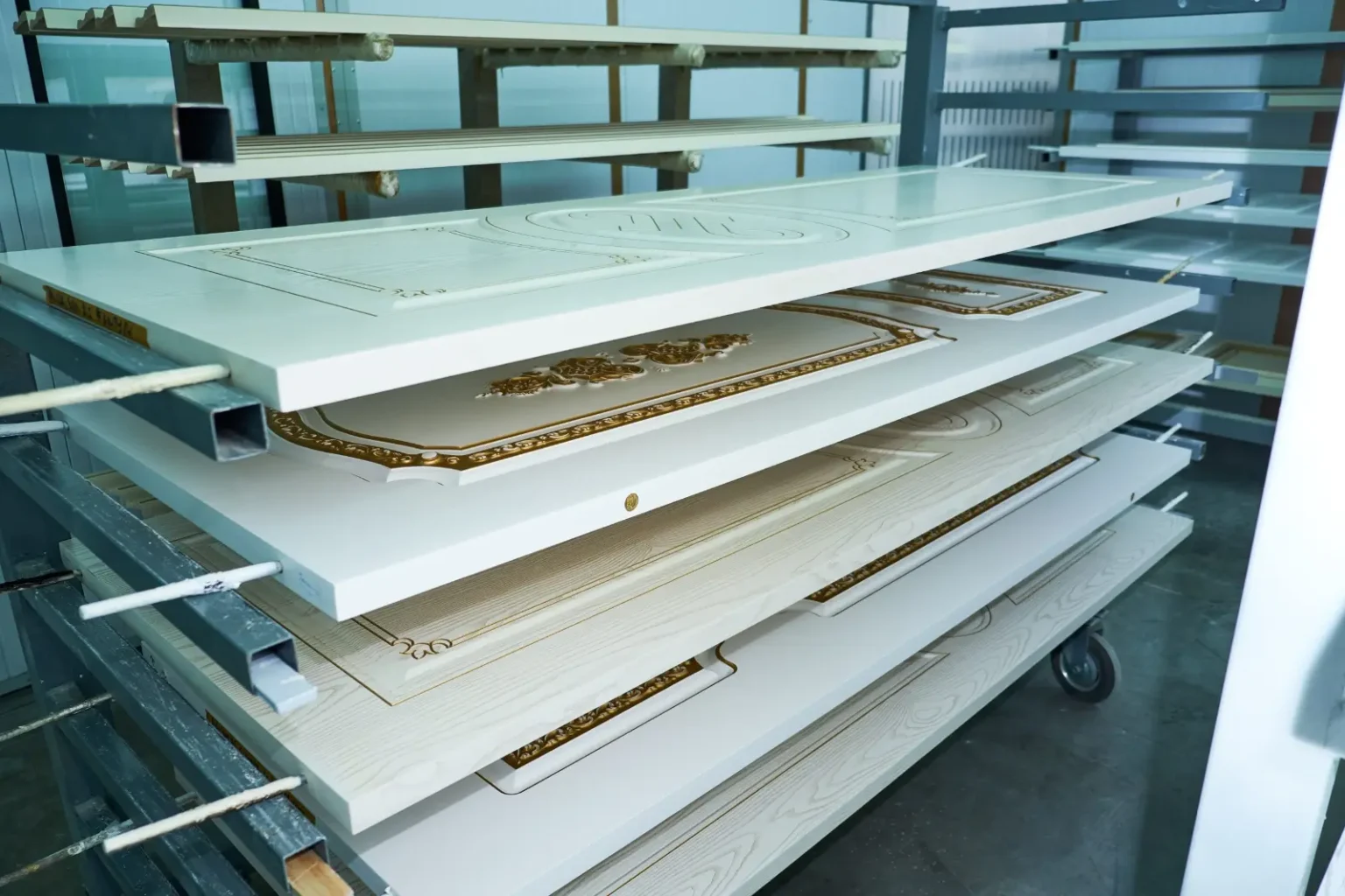 Sprayed white villa doors with gold detail drying in the Abdulla Carpentry EST paint booth