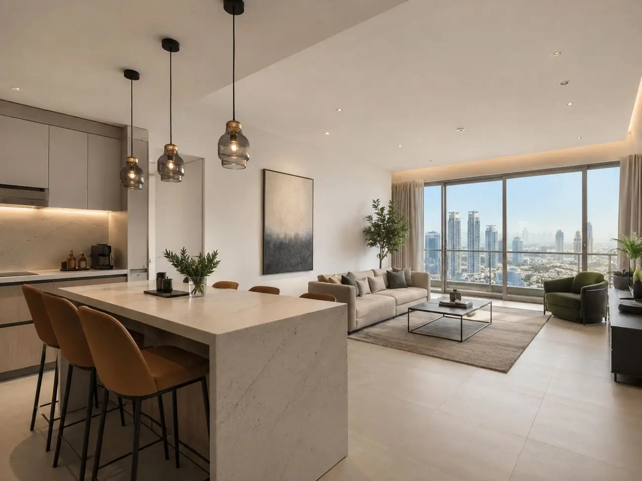 Renovated open-plan Dubai apartment with stone kitchen island, pendant lights and floor-to-ceiling skyline windows