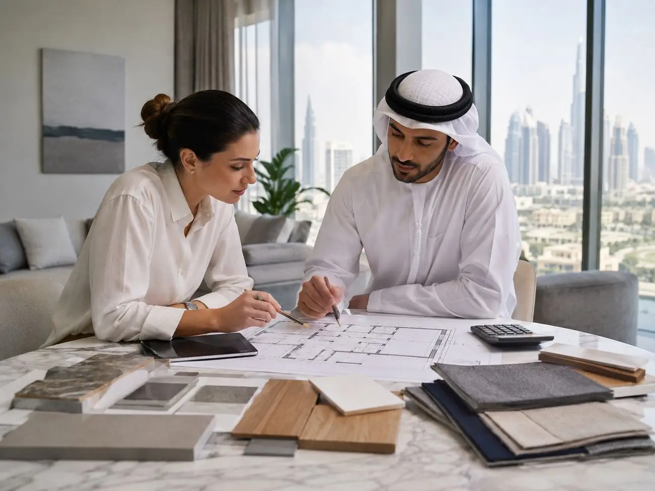 Renovation consultant and client reviewing floor plans and material samples in a Dubai apartment with skyline views