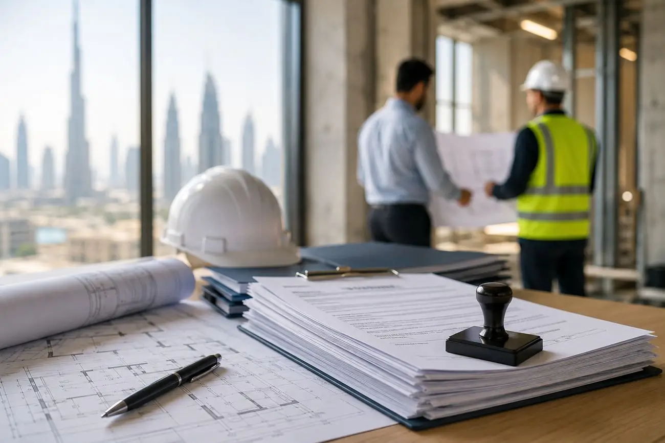 Stack of fit-out permit documents with approval stamp, floor plans and safety helmet at a Dubai project site