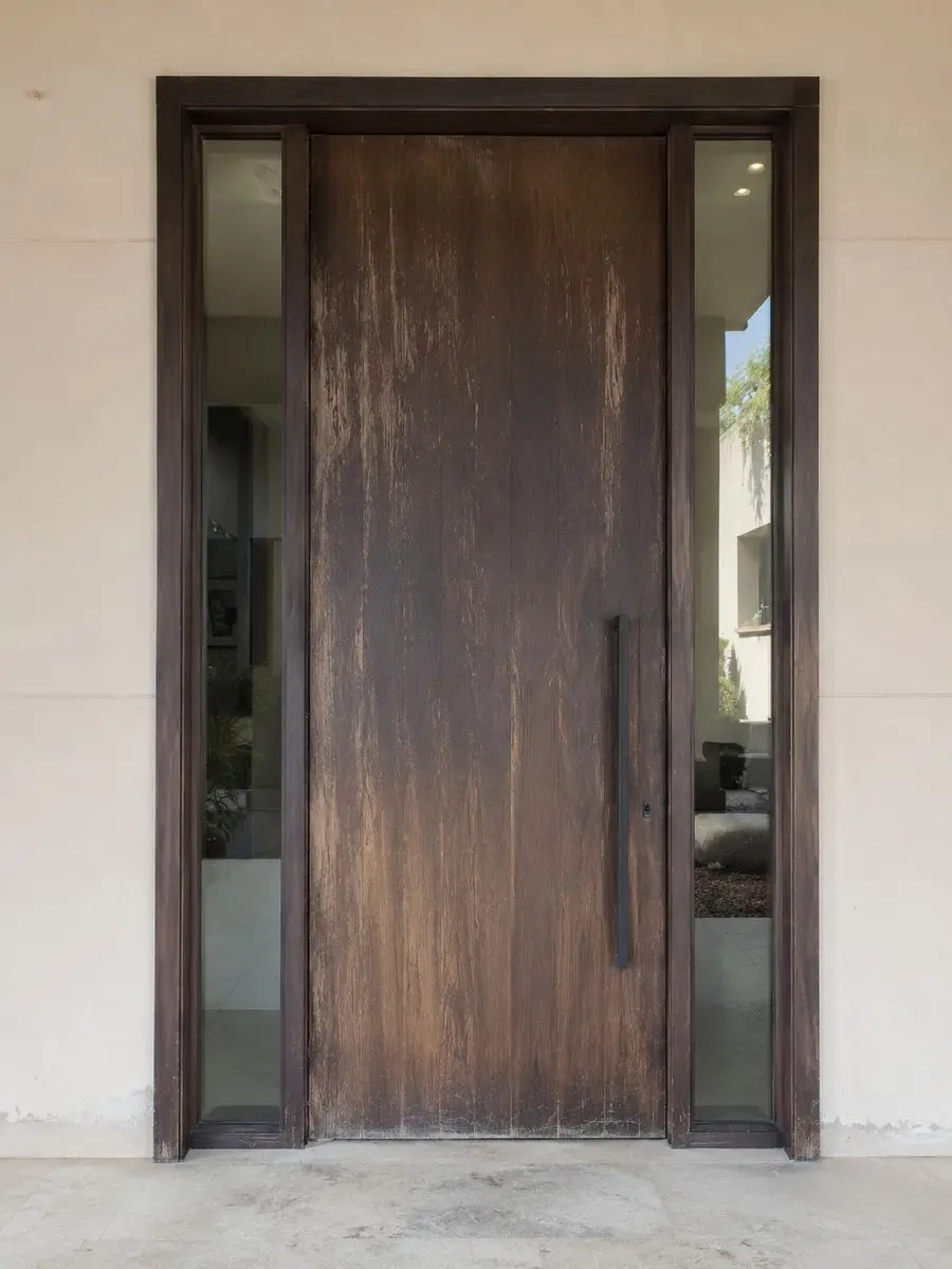 Weathered timber entrance door before renovation